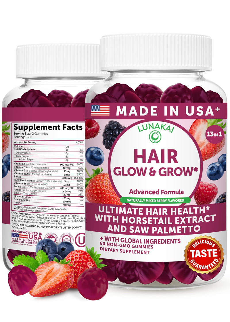 Lunakai USA Made Super Hair Gummies with Biotin, Zinc, Horsetail Extract & Saw Palmetto - Hair Growth Vitamins for Women & Men – Supports Thicker, Longer, Stronger Tresses, Skin & Nails, 60ct 60 Count (Pack of 1)