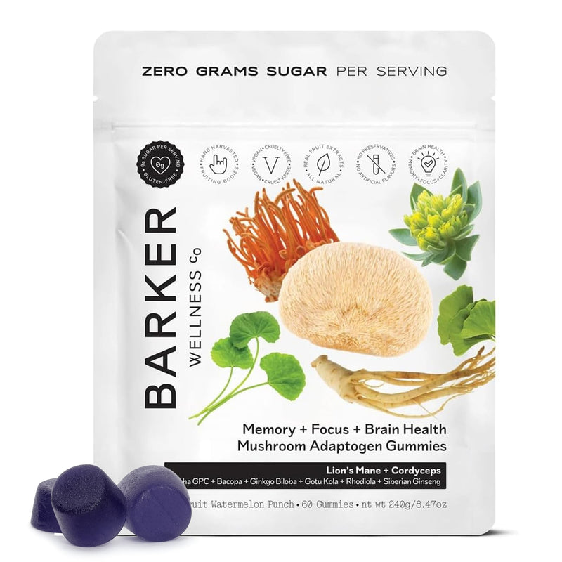 Barker Wellness Mushroom Gummies for Memory & Focus – Lion's Mane, 60ct Memory Focus Gummies