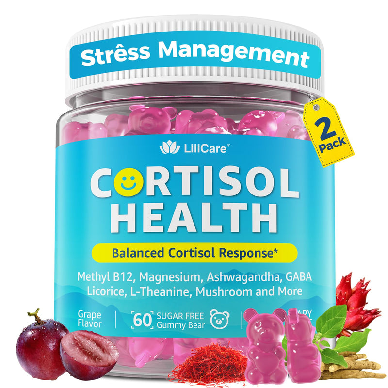 Cortisol Gummies for Women & Men, Sugar Free Cortisol Reducer Supplements w/ Magnesium, Ashwagandha, Mushroom, L-theanine, Rhodiola, Vitamin B6 B12 for Cortisol Detox, Relax, Sleep Support 2 Pack 60 Count (Pack of 2)