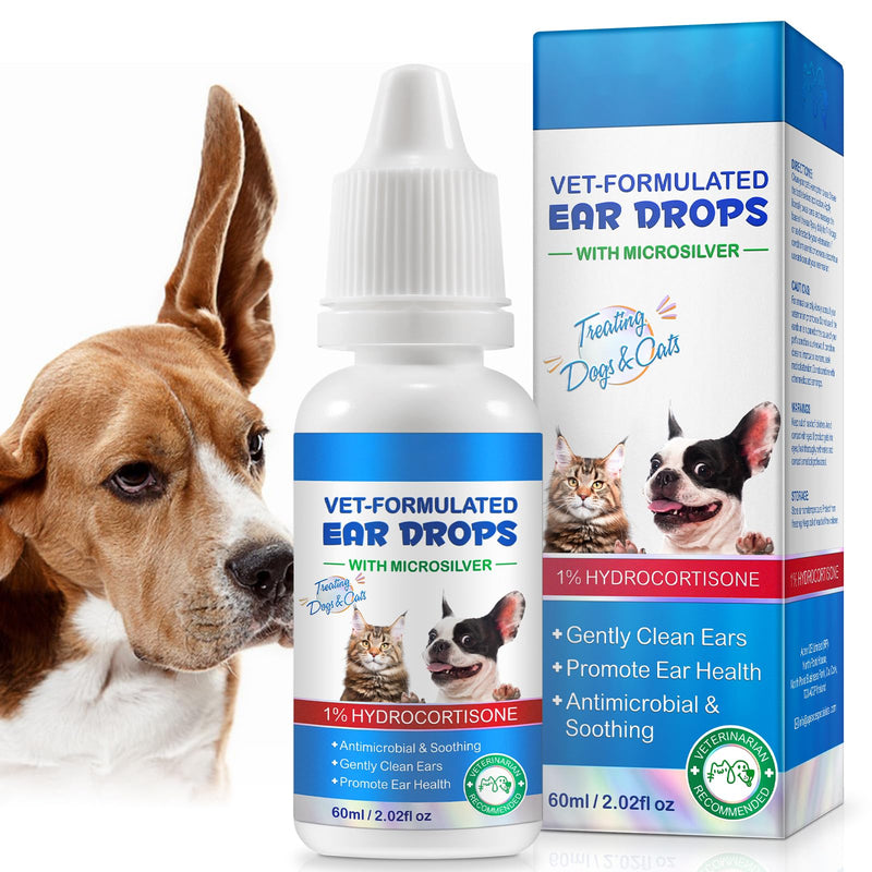 Dog & Cat Ear Infection Treatment Drop with 1% Hydrocortisone for Dog Yeast Ear Infections, Soothes Itchy Ears, Prevents Infections, Safe for Puppies, Adult, Ear Drops for Dogs & Cats 2 fl oz. 1Pack-60ml
