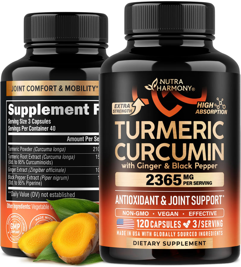 Turmeric Curcumin Supplement 2365 mg - Turmeric with Ginger & Black Pepper - Highly Bioavailable & Extra Strength 95% Curcuminoids - Antioxidant, Immunity & Joint Support - Made in USA - 120 Capsules - BeesActive Australia