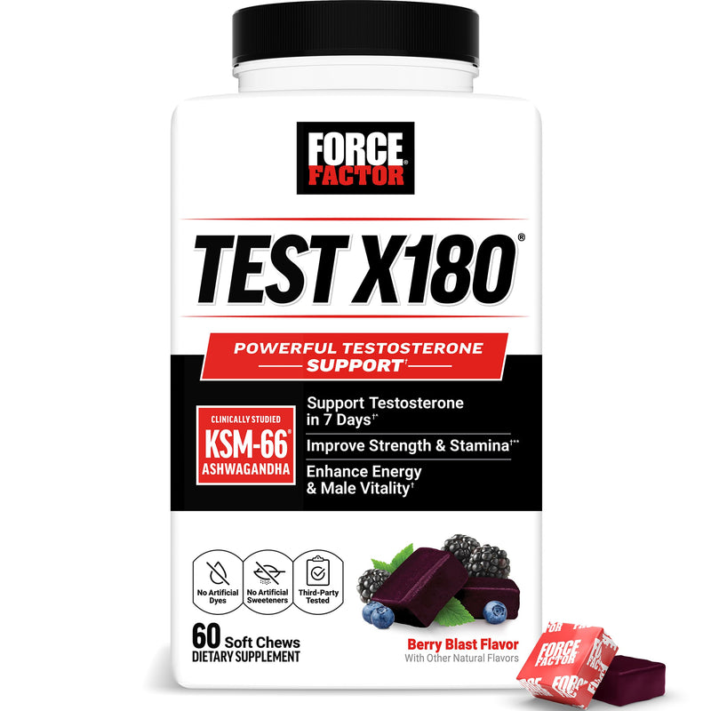Force Factor Test X180 Testosterone Booster for Men, 60 Soft Chews | with Clinically Studied KSM-66 Ashwagandha, Boron, Vitamin D & Zinc, Support Testosterone & Performance, Berry Blast