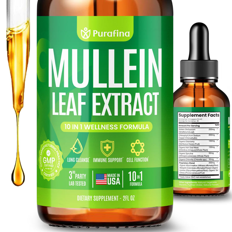 Mullein Drops for Lungs, 10-in-1 Mullein Leaf Extract for Lung Cleanse with Chrolophyll, Sea Moss, Spirulina, Elderberry Organic Respiratory Health Lung Detox - USA Made Mullin Supplement (1 Bottle)
