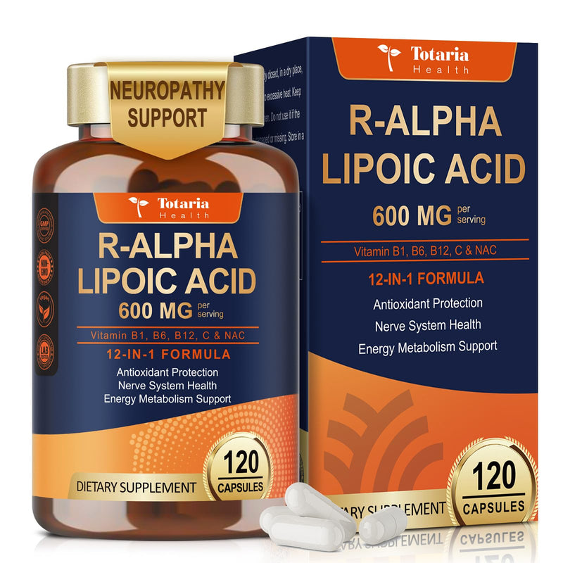 Totaria R Alpha Lipoic Acid 600mg - Stabilized ALA Supplement for Neuropathy Support Capsules, Nerve Health, Nervous System and Antioxidant, Non-GMO, Gluten Free, Vegan Safe 120 Counts 120 Count (Pack of 1)