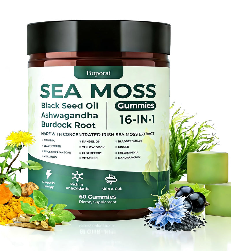 Sea Moss Gummies 16-1, Black Seed Oil Ashwagandha Turmeric Bladder Wrack Vitamin C Vitamin D3 Elderberry Manuka Dandelion Yellow Dock Apple Cider Vinegar for Men & Women Pack of 1