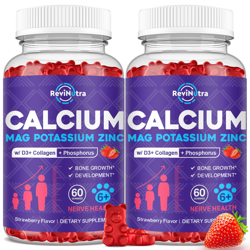 Calcium Potassium Magnesium Gummies for Kids & Adults, with Hydrolyzed Collagen, Zinc, Phosphorus, Multivitamin for Sleep, Bone Strength, Density Support, Sugar Free, Strawberry Flavor,120ct 60 Count (Pack of 2)