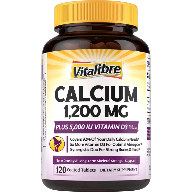 Vitalibre Calcium Supplements for Women, 120 Coated Tablets | Calcium 1200 mg with Vitamin D3 5000IU, Bone Strength Density, Enhanced Absorption Stomach - Friendly Gentle 120 Count (Pack of 1)