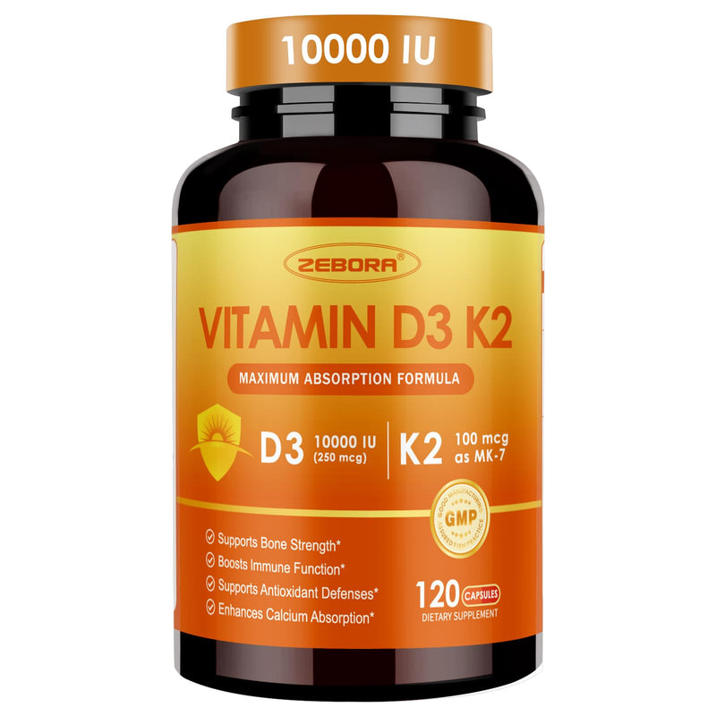 ZEBORA Vitamin D3 K2, 10,000 IU D3 & 100mg K2, 120 Capsules | K2 as MK-7, Supports Heart, Bone, and Immune Health and Antioxidant Defenses, Gluten Free and Non-GMO Formula 120 Count (Pack of 1)