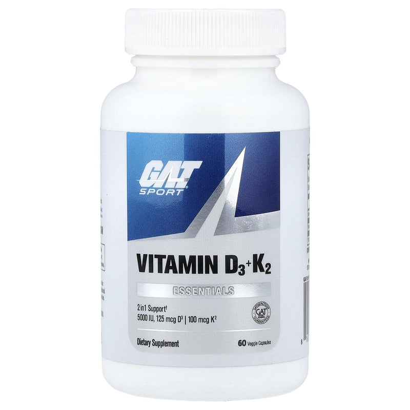 GAT SPORT Vitamin D3 K2, 5000 IU (125 mcg) Vitamin D, 60 Day Supply, Dietary Supplement for Bone, Teeth, Muscle and Immune Health Support, 60 Veggie Caps | Vitamin D3 & Vitamin K2 for Strong Bones & Teeth, Heart Health & Immune Health*