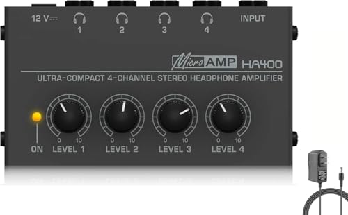 Headphone Amplifier, HA400 4-Channel Metal Stereo Audio Amplifier, Mini Earphone Splitter with DC 12V Power Adapter, HA400d1 for Sound Mixer PC Guitar Studio Stage