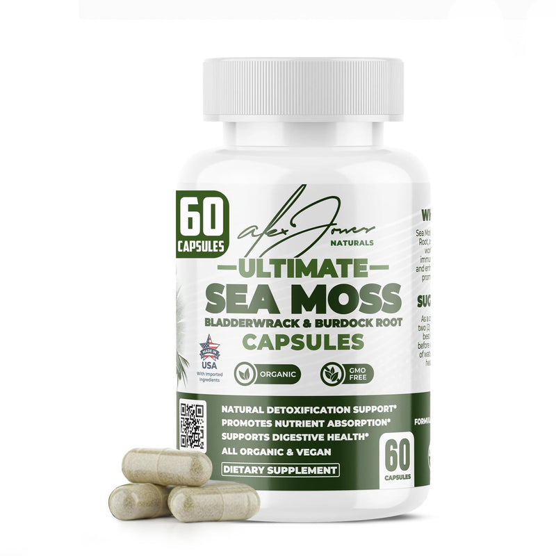Alex Jones Organic Irish Sea Moss Capsules, Bladderwrack & Burdock - 60 Ct | Organic Irish sea moss with bladderwrack, burdock root & black pepper for immune, energy & digestive wellness Seamoss Capsules