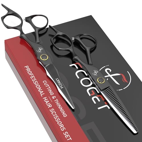 Professional Hair Cutting Scissors Kit, Thinning Shears, High-End 440C Stainless Steel Barber scissors with Sharp Edge Blades, 6.8 inch Hair Cutting Shears, Right Hand Hair Scissors for Salon, Home Black