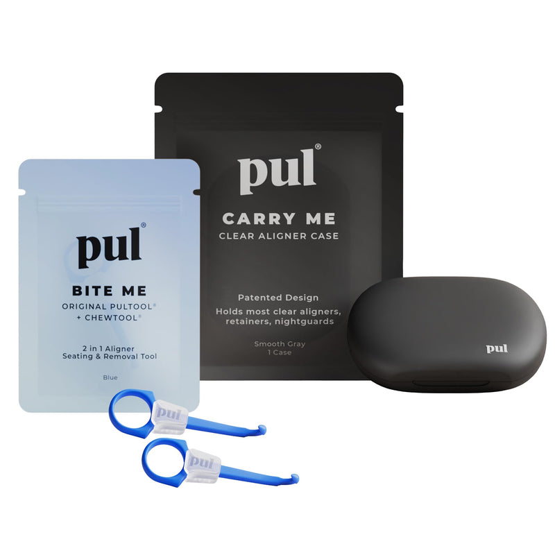 PUL Aligner Care Convenience Kit – Case + 2-in-1 Tool for Invisalign, Retainers, Partial Dentures, Mouth & Night Guards & More – Gray Case & 2-Pack of Blue Aligner Seating Chewie & Removal Tool Gray Combo - BeesActive Australia
