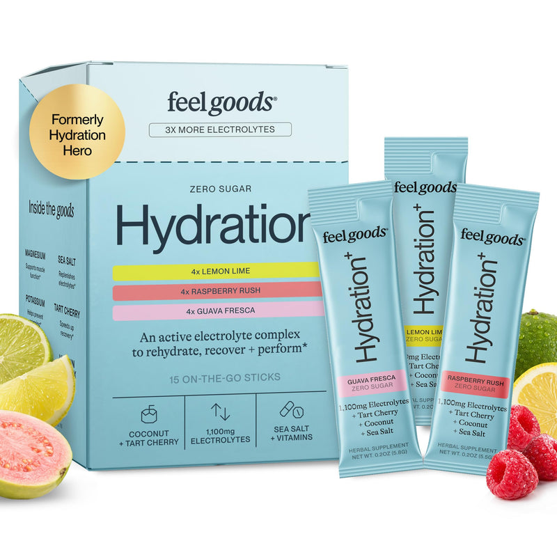Feel Goods Hydration+, Sugar Free Electrolyte Powder Packets - 12 Count | Hydration Plus with 1,100mg Electrolytes with Magnesium, Potassium & Vitamins - Keto & Vegan, Energy Boost - 12 Variety Pack 12 Servings (Pack of 12)