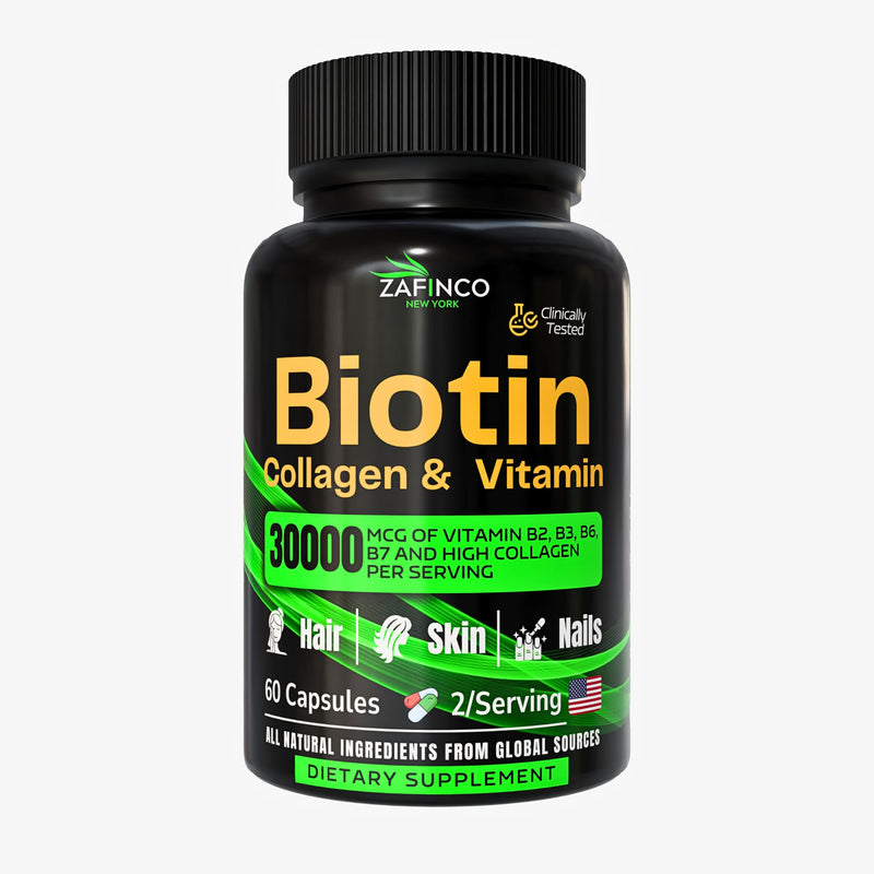 ZAFiNCO- BIOTIN Capsule for Women and Men. 30000 mcg Biotin+Collagen, Hyaluronic Acid and Multivitamin Formula for Anti Aging,Glowing Skin, Long Hair and Nails. 60 Capsule-USA