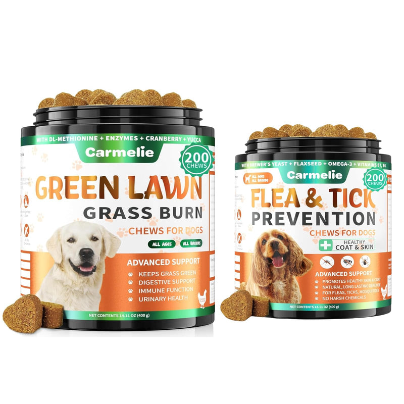 Lawn Spot & Flea Chews for Dogs - 200 Each - Flea & Tick Prevention with Skin Support + Grass Burn Spot Chews with Probiotics & DL-Methionine - Chicken Flavor