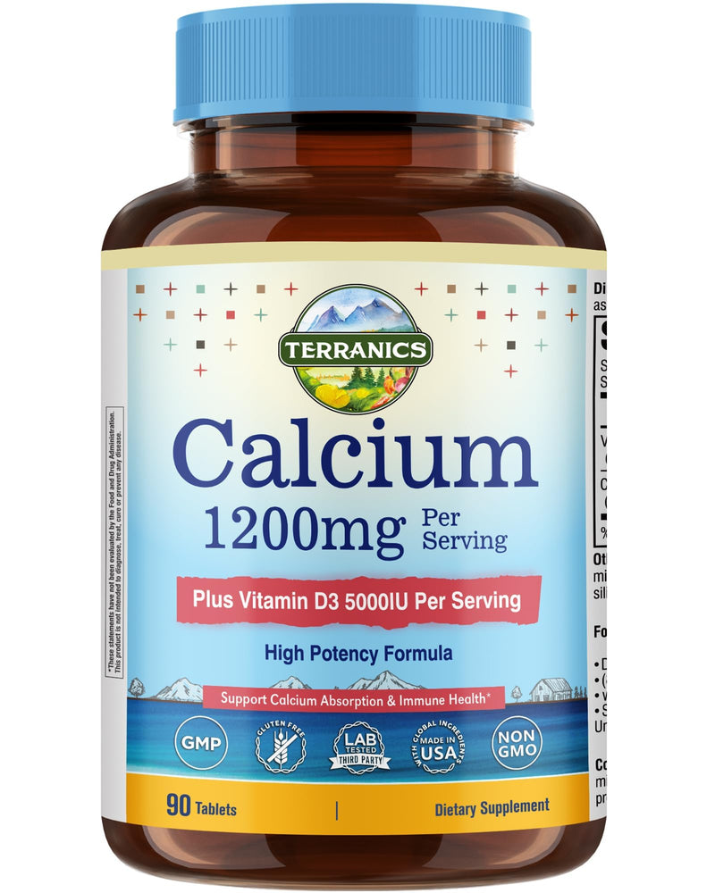 Terranics Calcium 1200 mg with Vitamin D3, High Absorption Calcium Supplement for Women and Men, Supports Bone, Teeth & Immune Health, Easy-to-Swallow Coated Tablets, 90 Count 90 Count (Pack of 1)
