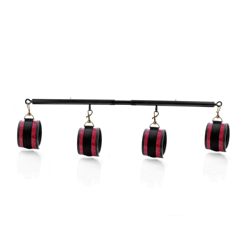 Heavy Duty Stainless Steel Expandable Spreader Bar with 4pcs Furry Purple Detachable Adjustable Straps,Workout Bar for Home Indoor Gym Training Kit Black+PU Red Embossed Kit