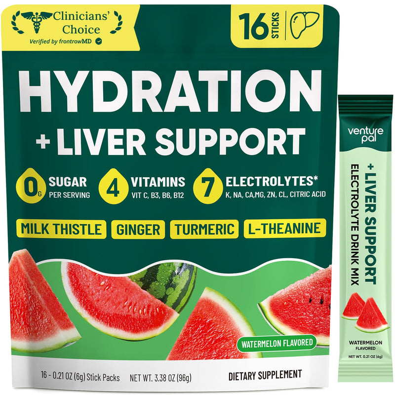 Venture Pal Sugar Free Hydration Packets + Liver Support, 16 Sticks | 7 Electrolytes & 5 Vitamins with Milk Thistle, L-Theanine, Ginger, Weekend Recovery, Keto Friendly, Vegan, Liquid Daily IV 1 Pound (Pack of 1) V5-Watermelon