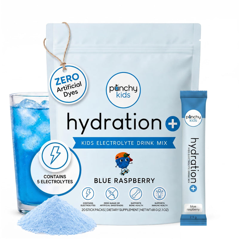 Hydration+ Electrolyte Drink Mix for Kids – Sugar Free, Immune & Bone Support with Vitamin D, Zinc & K2 – Blue Raspberry, 20 Stick Packs 20 Servings (Stick Packs)