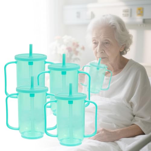 4 Pcs Adult Sippy Cups for Elderly, 12 oz Plastic Spill Proof Cup，Sippy Cups for Adults， Elderly Drinking Cups, with 2 Handles Straw and Lid for Adults Hospital Disabled Dysphagia Patients