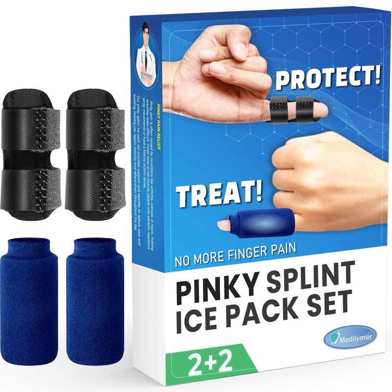 Pinky Splint and Ice Pack (2+2 Set) Small Finger Pain Relief Set for Kids, Pinky Brace for Knuckle Immobilization, Straightening Arthritis, Mallet Finger, Fits Thumb, Ring, Pinkie, Little Fingers Pinky Splints with Ice Packs