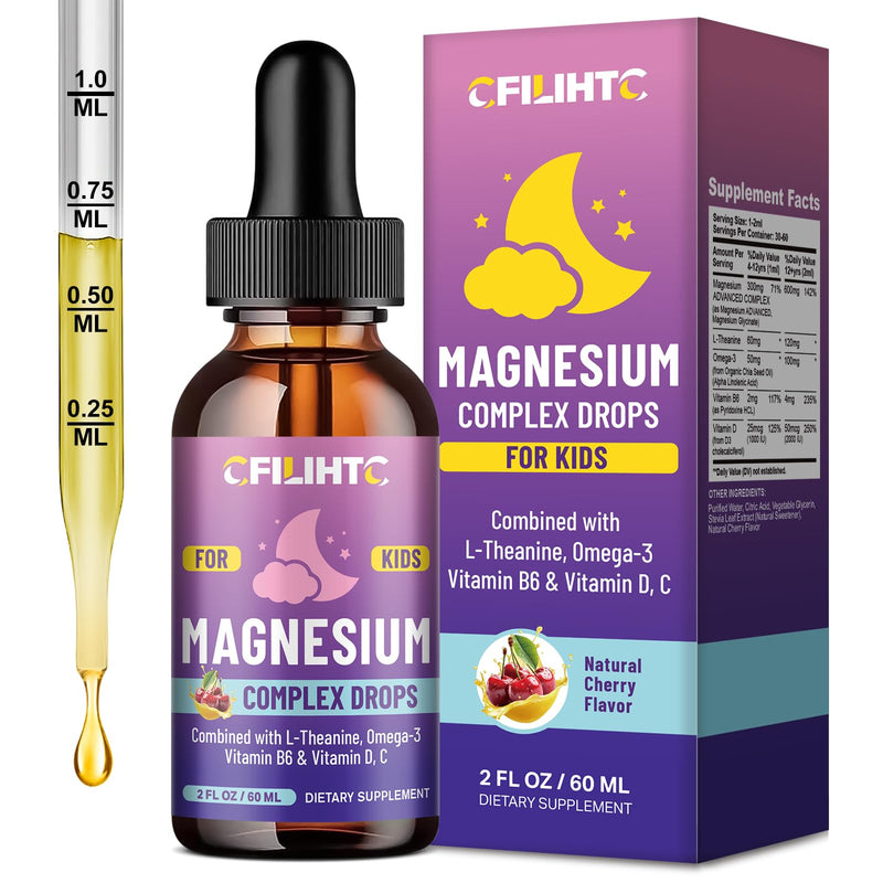 Kids Magnesium Liquid Drops-Magnesium Glycinate Liquid for Kids Supplement-w/L-theanine, Omega-3, Vitamin B6, D3 - for Sleep, Relaxation, Brain, Bones - Cherry Flavor, 2 Fl Oz 2 Fl Oz (Pack of 1)