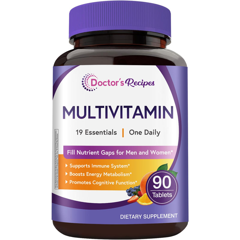 Doctor's Recipes Multivitamin for Women & Men, Immune, Energy & Brain Health Support, Vitamin A, C, D3, E, B6, B12, Folic Acid, Iron, Zinc, Copper, Selenium & Iodine, No Gluten, Non-GMO, 90 Tablets 90 Count (Pack of 1)