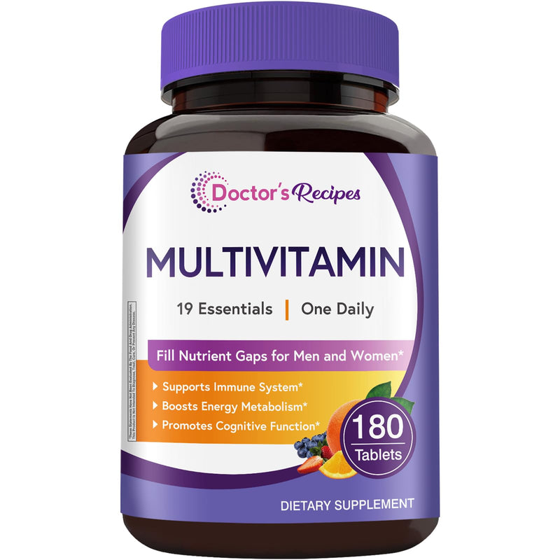 Doctor's Recipes Multivitamin for Women & Men, Immune, Energy & Brain Health Support, Vitamin A, C, D3, E, B6, B12, Folic Acid, Iron, Zinc, Copper, Selenium & Iodine, No Gluten, Non-GMO, 180 Tablets 180 Count (Pack of 1)