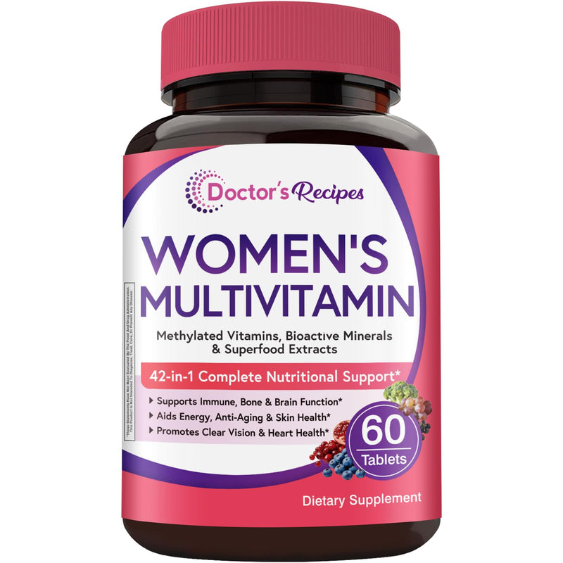 Doctor's Recipes Women’s Multivitamin, Complete Methylated Multivitamins, Vitamin A, C, D, E, B12, Iron, Inositol & Superfood, Hair Growth, Immune, Energy, Blood, Ages 18+, Easy to Swallow, 60 Tablets