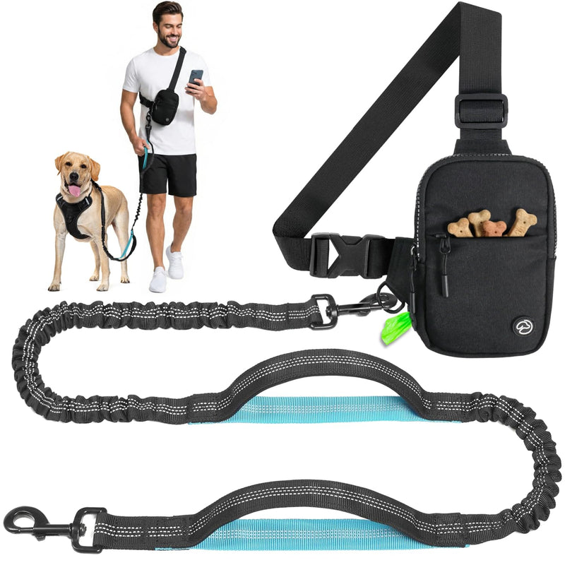 Hands Free Crossbody Dog Leash Bag with Built-in Poop Bag Dispenser & Storage, Dual Bungee Shock-Absorbing Leash with Dual Handles for Small, Medium, Large Dogs Walking or Training (Black) Black