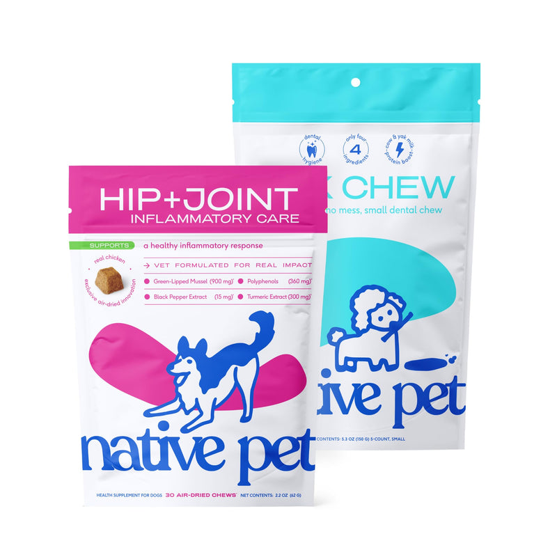 Native Pet Anxiety & Joint Relief Bundle: Relief Chews for Dogs (30 Air-Dried Chews) Yak Chews for Dogs (5 Small Chews) - Anti-Inflammatory for Strong Joints & Dental Sticks Made with Yak Cheese