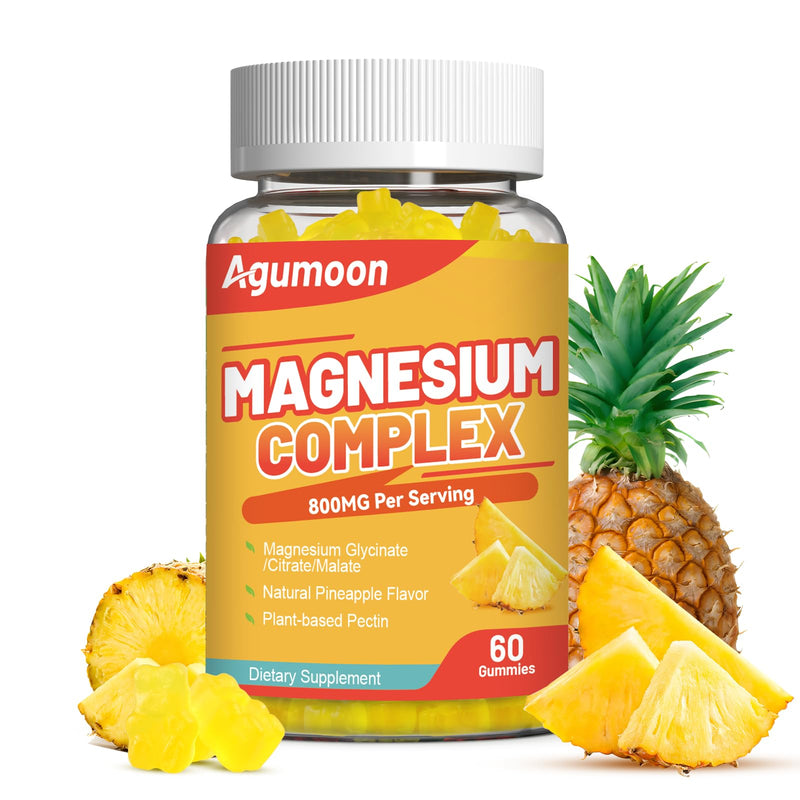 Magnesium Complex Gummies 800mg with Zinc & B6, B12, C, D3, 60 Count | High Absorption Glycinate, Citrate, Malate, Magnesium Complex for Women Men, Non-GMO, Gluten-Free, Pineapple Flavor 60 Count (Pack of 1)