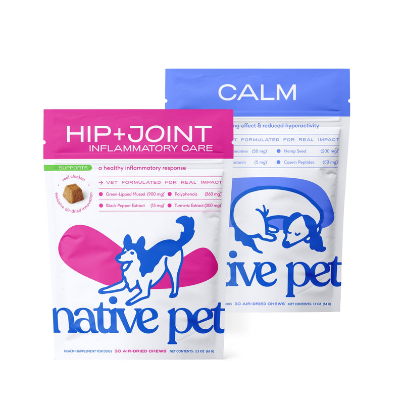 Native Pet Calm & Mobility Bundle: Relief Chews for Dogs (30 Air-Dried Chews) & Dog Calming Chews (30 Air-Dried Chews) - Natural Anxiety Relief with Melatonin & Anti-Inflammatory for Strong Joints