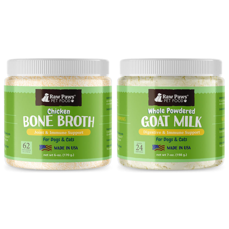 Raw Paws Whole Milk Powder & Bone Broth for Dogs and Cats Bundle - Whole Goat Milk Powder & Chicken Bone Broth - Made in USA - Pet Nutritional Supplement - Protein Powder Food Topper