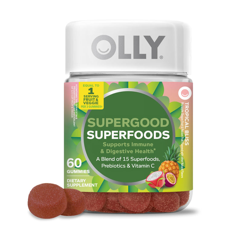 OLLY Supergood Superfoods Gummies, Supports Immune & Digestive Health,* 15 Superfoods, Prebiotics, Vitamin C, Tropical Bliss Flavor, 20 Day Supply - 60 Count - BeesActive Australia