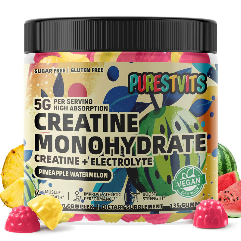 Creatine Monohydrate Gummies (5g) ‚Äì Pre-Workout Energy & Muscle Growth Support for Men & Women | Pineapple Watermelon Electrolyte Gummies (135 Count) Pineapple & Watermelon
