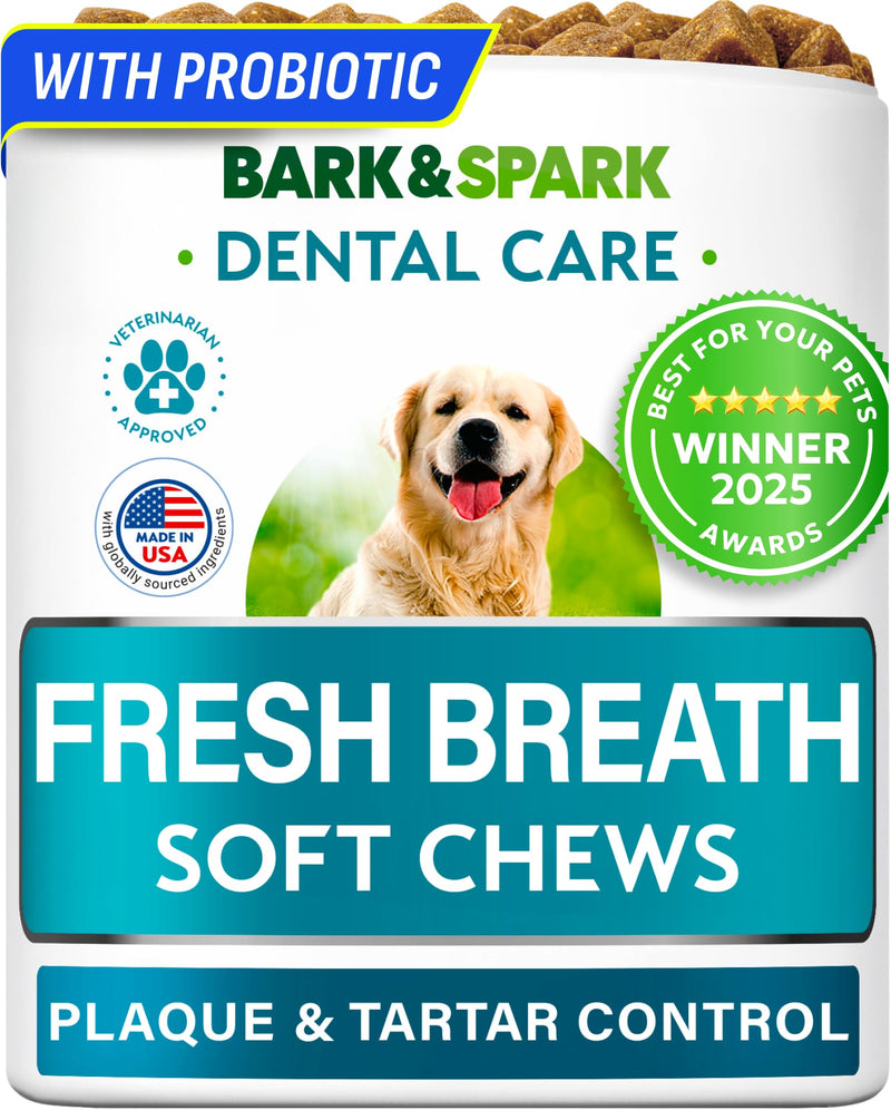 BARK&SPARK Dog Teeth Breath Freshener Chews, Dental Cleaning Treats for Bright Smile - Plaque, Tartar and Bad Breath Advanced Remover for Dogs, Pet Oral Care Bright Co Lab Pro Formula - 90 Servings 90 Dental Care Chews Breath Aid Probiotics
