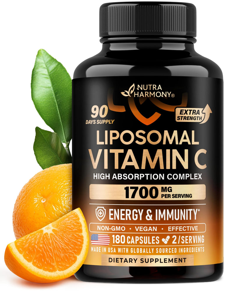 Liposomal Vitamin C 1700mg - High Absorption Vitamin C Supplement - 180Caps | Fat Soluble Complex - Antioxidant, Energy Boost & Immune Support for Men & Women - NON-GMO, SOY-Free & Gentle on Stomach