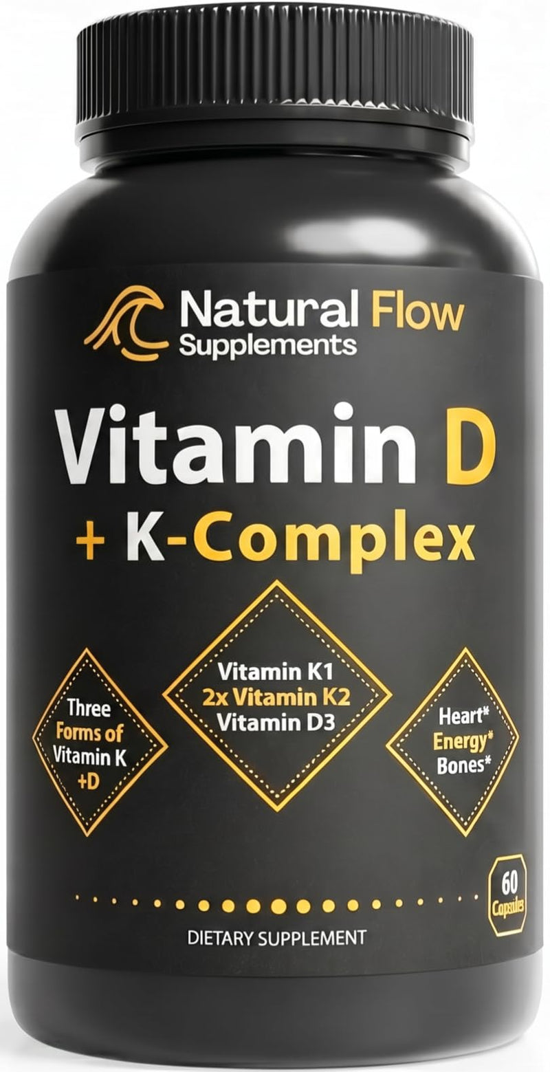 Natural Flow Vitamin D3 with K2 Complex, 5000 IU, 60 Capsules | Full K-Complex (K1, MK-4, MK-7) + FOS — Bone, Heart & Immune Support — Vegetarian, USA Made