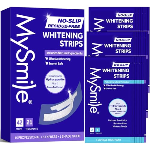 MySmile Teeth Whitening Strips, Hydroxyapatite-Infuse White Strips, Non-Sensitive Teeth Whitening with Soothing Natural Ingredients, Enamel-Safe, Residue-Free, Non-Slip, 21 Treatments Kit 42 Count (Pack of 1)