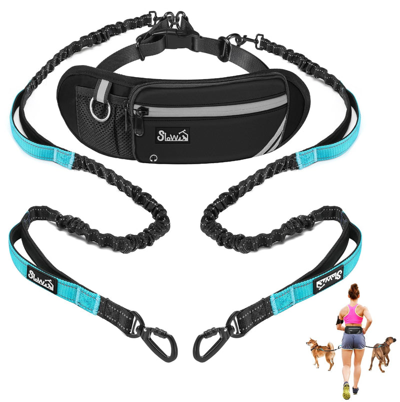 AUTOWT Hands Free Dog Leash for 2 Dogs, Adjustable Waist Belt with Zipper Pouch, Dual Handle Retractable Elastic Bungee with Reflective Stitches for Medium and Large Dogs Training Running 2 Leashes