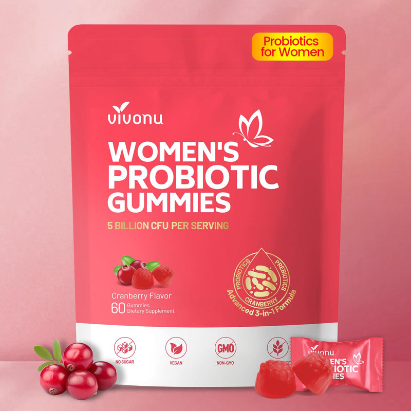 VivoNu Probiotics for Women, Women Probiotic Gummies, 500 Million CFUs | Fiber | Feminine Balance Gummies for Healthy Odour,Digestive Support and Gut Health+Vitamin C for Immune Support - 60 Gummies 60pcs/1bag-cranberry