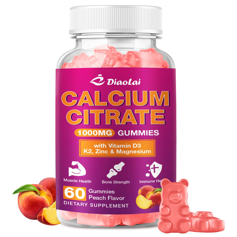 Calcium Citrate Gummies - 1000mg per Serving - Supports Bone & Teeth Health with Vitamin D3 & K2 - Delicious Peach Flavor - Non-GMO, Gluten-Free - 60 Gummies 1 Pack