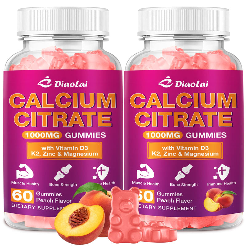2 Pack Calcium Citrate Gummies - 1000mg per Serving - Supports Bone & Teeth Health with Vitamin D3 & K2 - Delicious Peach Flavor - Non-GMO, Gluten-Free - 120 Gummies 2 Pack