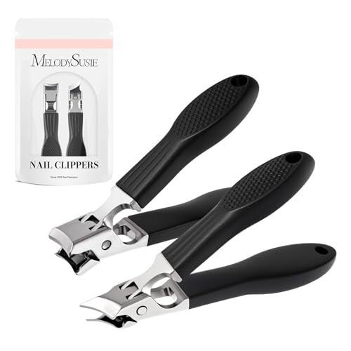MelodySusie Wide Jaw Opening Nail Clippers Set, 2 pcs Toenail Clippers for Seniors Thick Nails, Anti-Splash Curved and Slanted Nail Clippers for Men Women, Fingernail Cutter with Catcher, Black 2pcs Nail Clippers