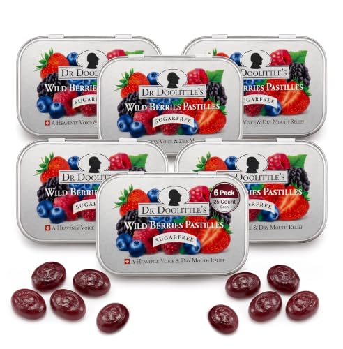 Dr. Doolittle’s Sugar Free Soft Fruit Pastilles for Voice and Throat, Wild Berries Flavor, 2.12 Ounce Tin, Approximately 25 Count Package, 6 Pack