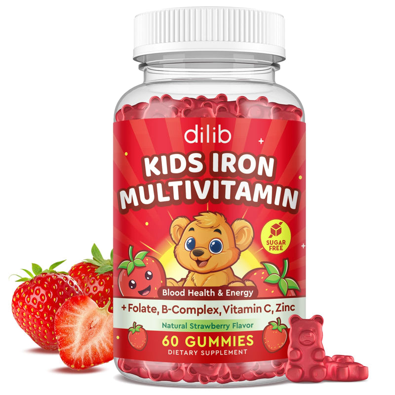 Iron Supplement Gummies for Kids, Kids Multivitamin with Iron Gummies - Zinc, Vitamin B Complex, A, C, D3, B12, Folate for Blood Builder & Energy Support, Iron Deficiency, Vegan Strawberry 60 Gummies 60 Count (Pack of 1)