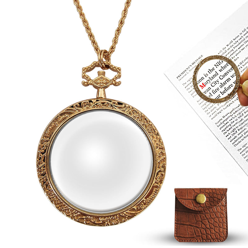 YYHSND 10X Magnifying Glass Necklace Magnifier Necklace Pendant Optical Magnifier with Chain Necklace for Library, Reading, Zooming and Jewelry (Pure Gold) Pure Gold