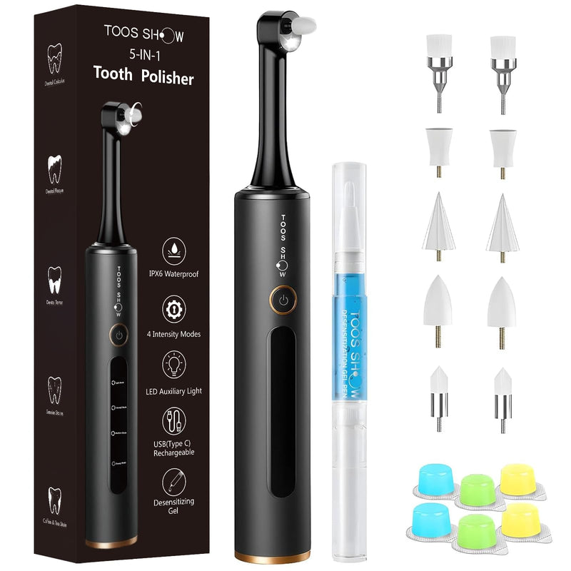 Tooth Polisher with Remineralization Gel, USB Rechargeable Teeth Whitening Kit for Cleaning and Whitening, 6 Polishing Pastes, 5 Brush Heads, LED Light, Travel Case, 4 Speeds, Easy at-Home Dental Care